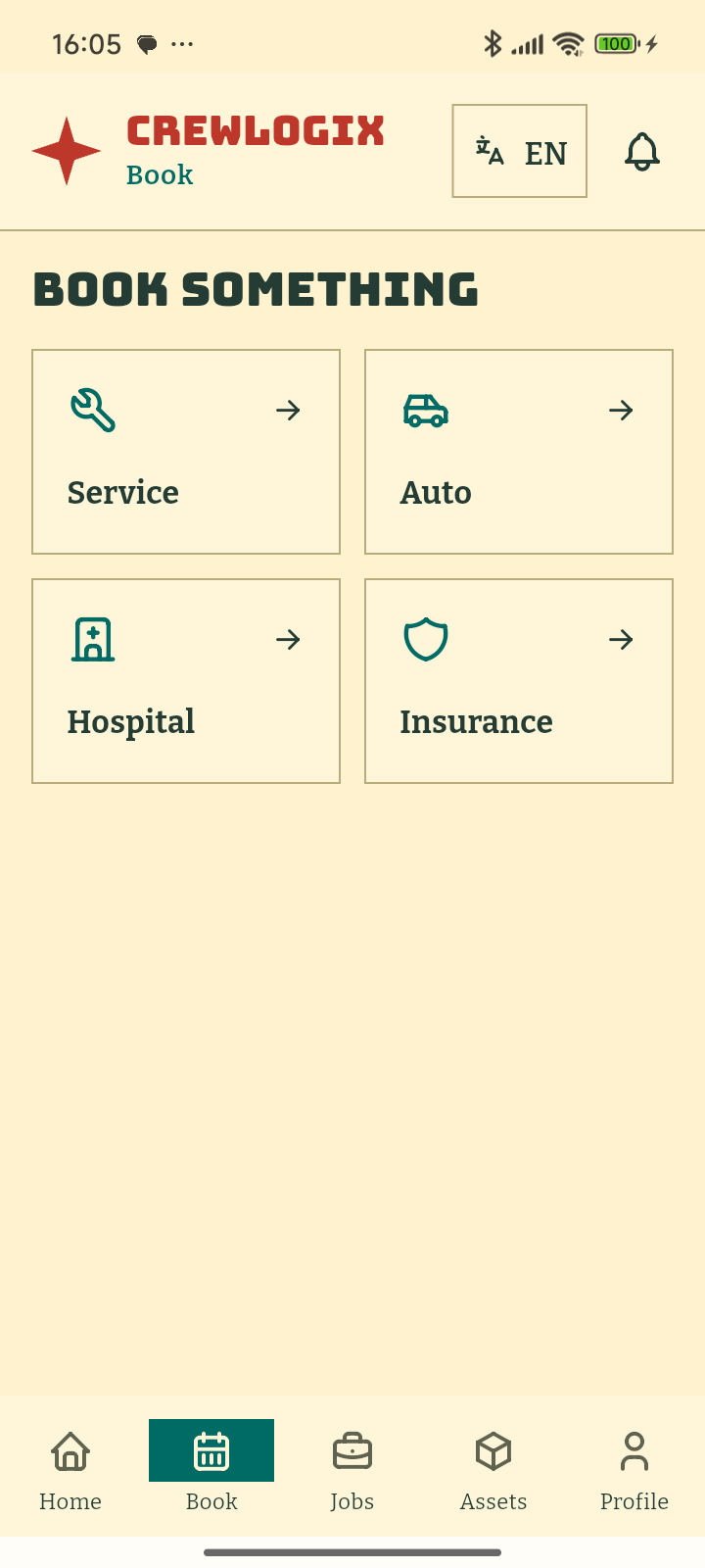CrewLogix Access booking screen with service categories to choose from.