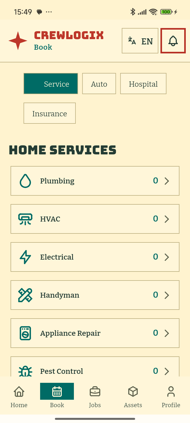 CrewLogix Access home services list with categories including plumbing and HVAC.