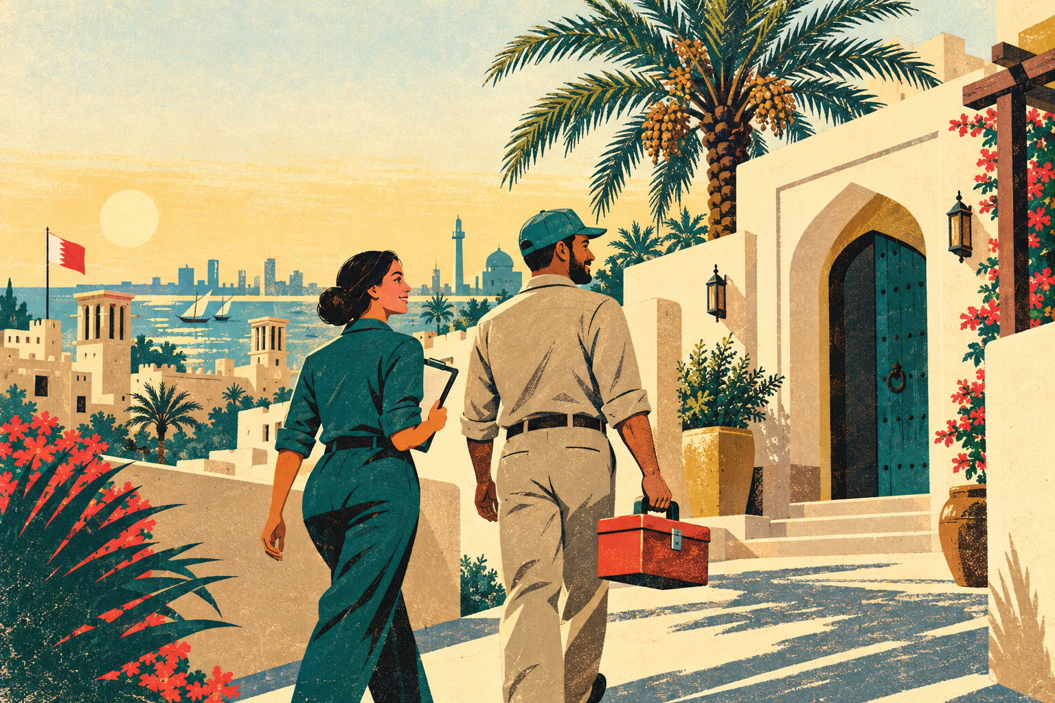 رسم بأسلوب الملصقات لفريق خدمات في حي سكني